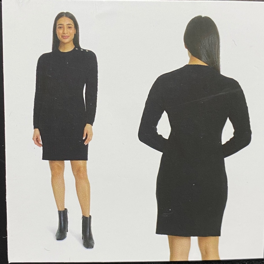 Nine West Jeans Womens Black Cable Knit Sweater Dress Shoulder Buttons Lg NWT